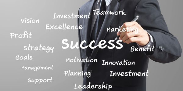 image of a man's chest in a suit and words scattered around it related to success and marketing