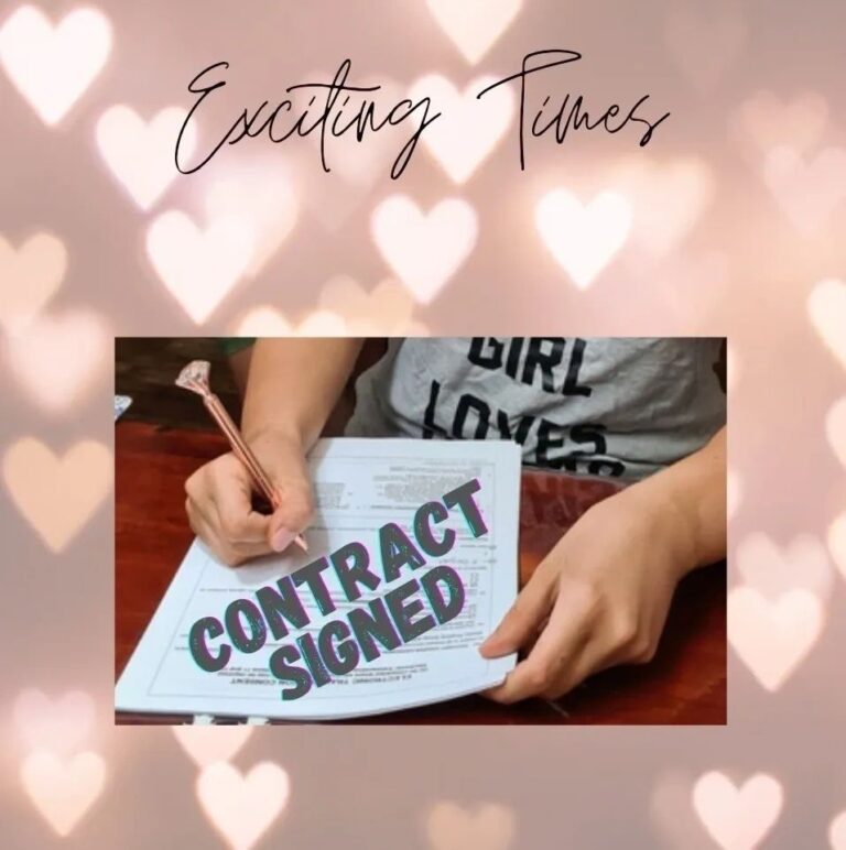 a contract being signed with a pink background that says exciting times on the top of it