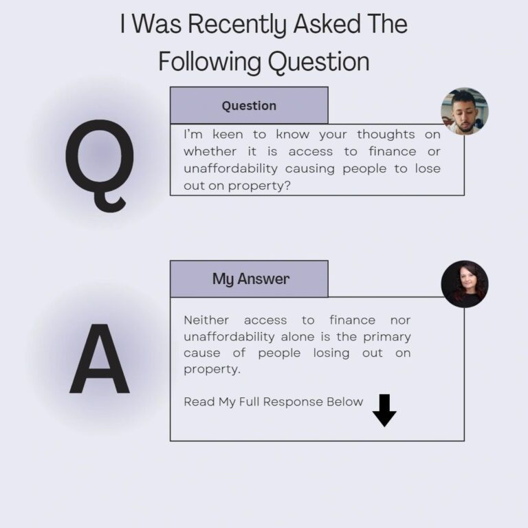 a small Q&A with the text as follows Q: I'm keen to know your thoughts on whether it is access to finance or unaffordability causing people to lose out on property? A: Neither access to finance nor unaffordability alone is the primary cause of people losing outon property. Read my full response below