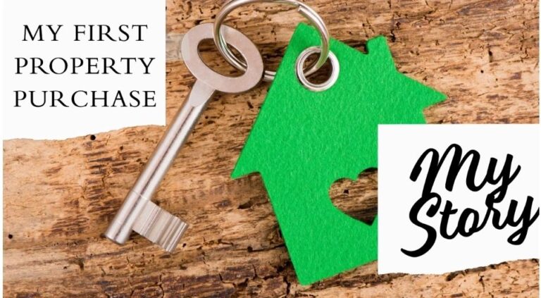 a picture with a key and house key chain. the writing says 'my first property purchase - my story'