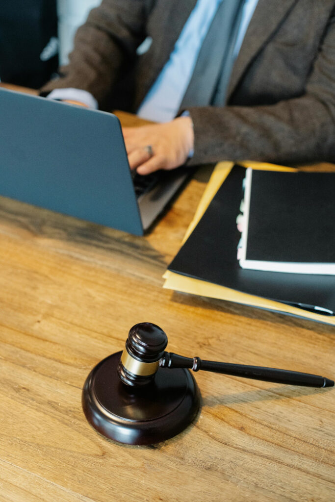 Wooden gavel resting on a desk